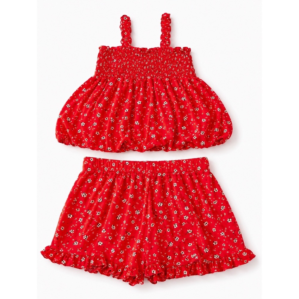 Zunie Girl Red Floral Smocked Bubble Top and Ruffle Shorts Set Girls Size L10/12